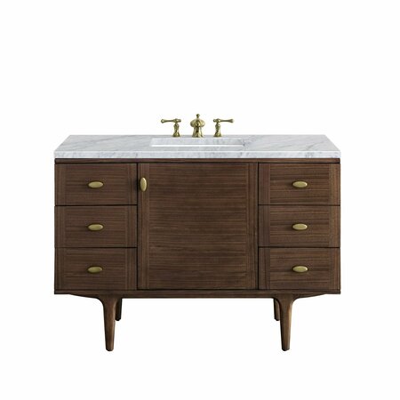 JAMES MARTIN VANITIES Amberly 48in Single Vanity, Mid-Century Walnut w/ 3 CM Carrara Marble Top 670-V48-WLT-3CAR